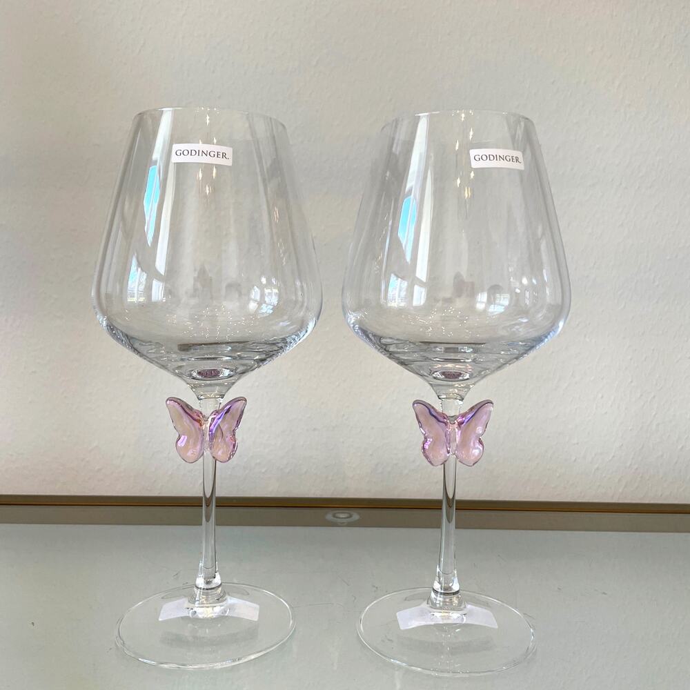 NEW Godinger Pink Butterfly Wine Glass Set of 2 Chic Barware